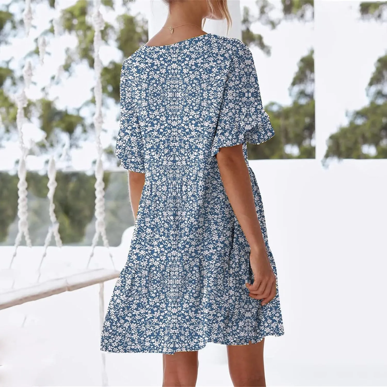 LFEOOST Summer Dresses for Women Loose Casual Ruffles Short Sleeve V Neck Floral Print Smocked Mini Dress with Pocket