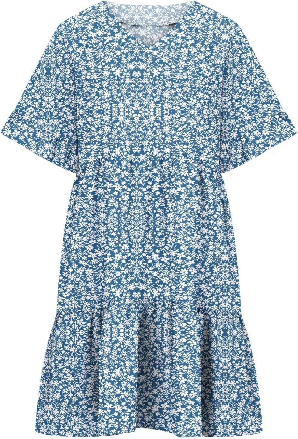 LFEOOST Summer Dresses for Women Loose Casual Ruffles Short Sleeve V Neck Floral Print Smocked Mini Dress with Pocket