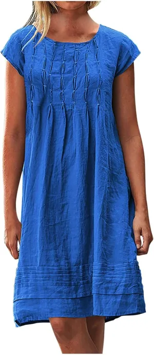 Linen Dresses for Women 2025 Casual Pleated Sundresses Loose Fit Solid Short Sleeve Mini Dress Beach Vacation Dress