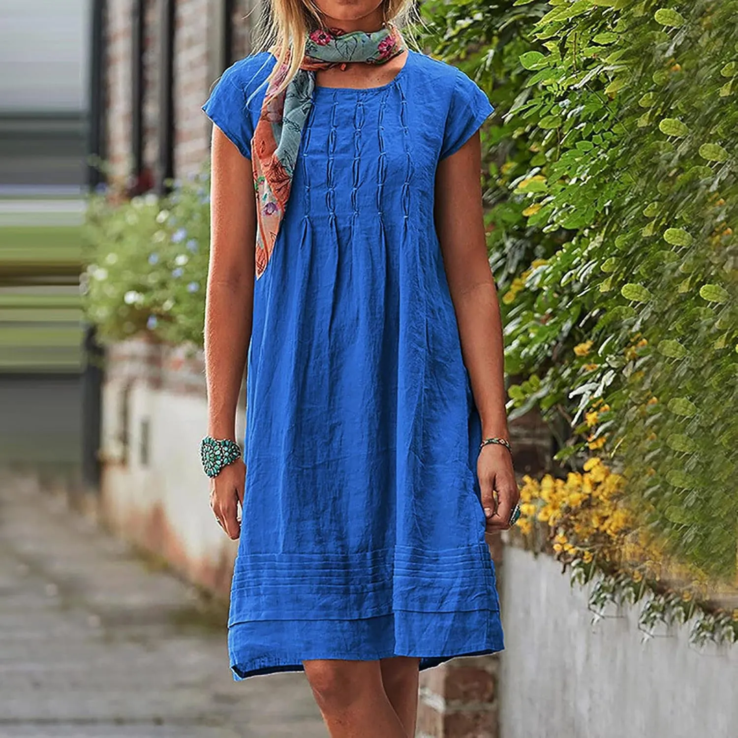 Linen Dresses for Women 2025 Casual Pleated Sundresses Loose Fit Solid Short Sleeve Mini Dress Beach Vacation Dress