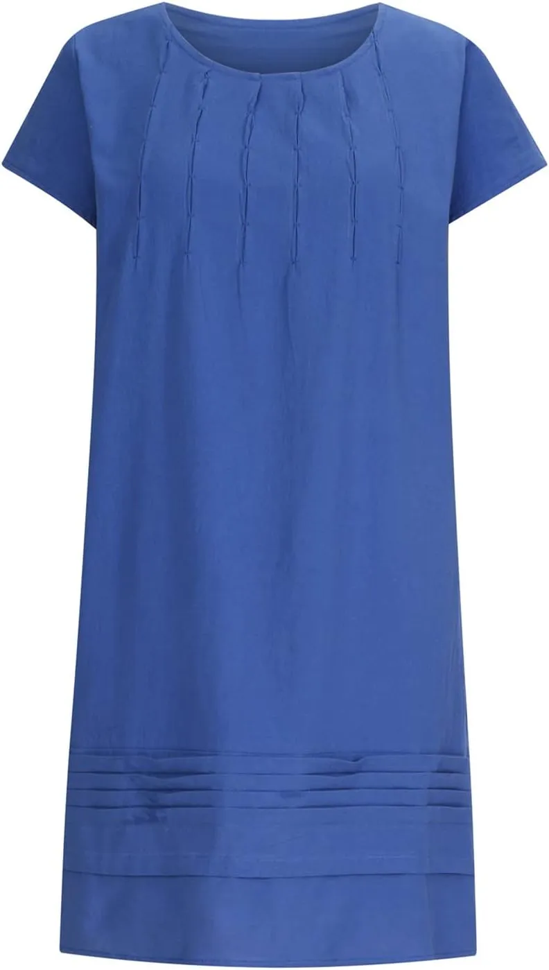 Linen Dresses for Women 2025 Casual Pleated Sundresses Loose Fit Solid Short Sleeve Mini Dress Beach Vacation Dress