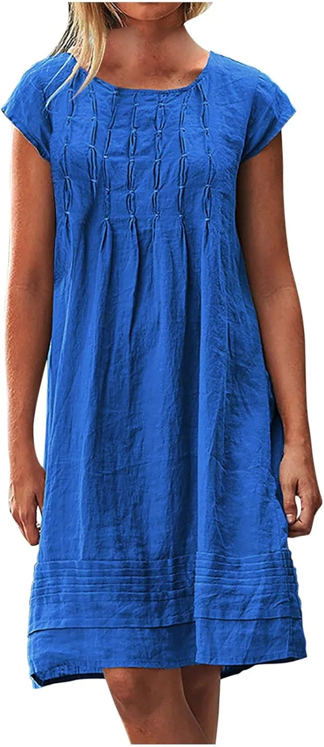 Linen Dresses for Women 2025 Casual Pleated Sundresses Loose Fit Solid Short Sleeve Mini Dress Beach Vacation Dress