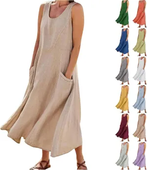 Linen Dresses for Women 2025 Plus Size Maxi Dresses for Curvy Women Summer Sleeveless Crewneck Solid Pocket Sundress