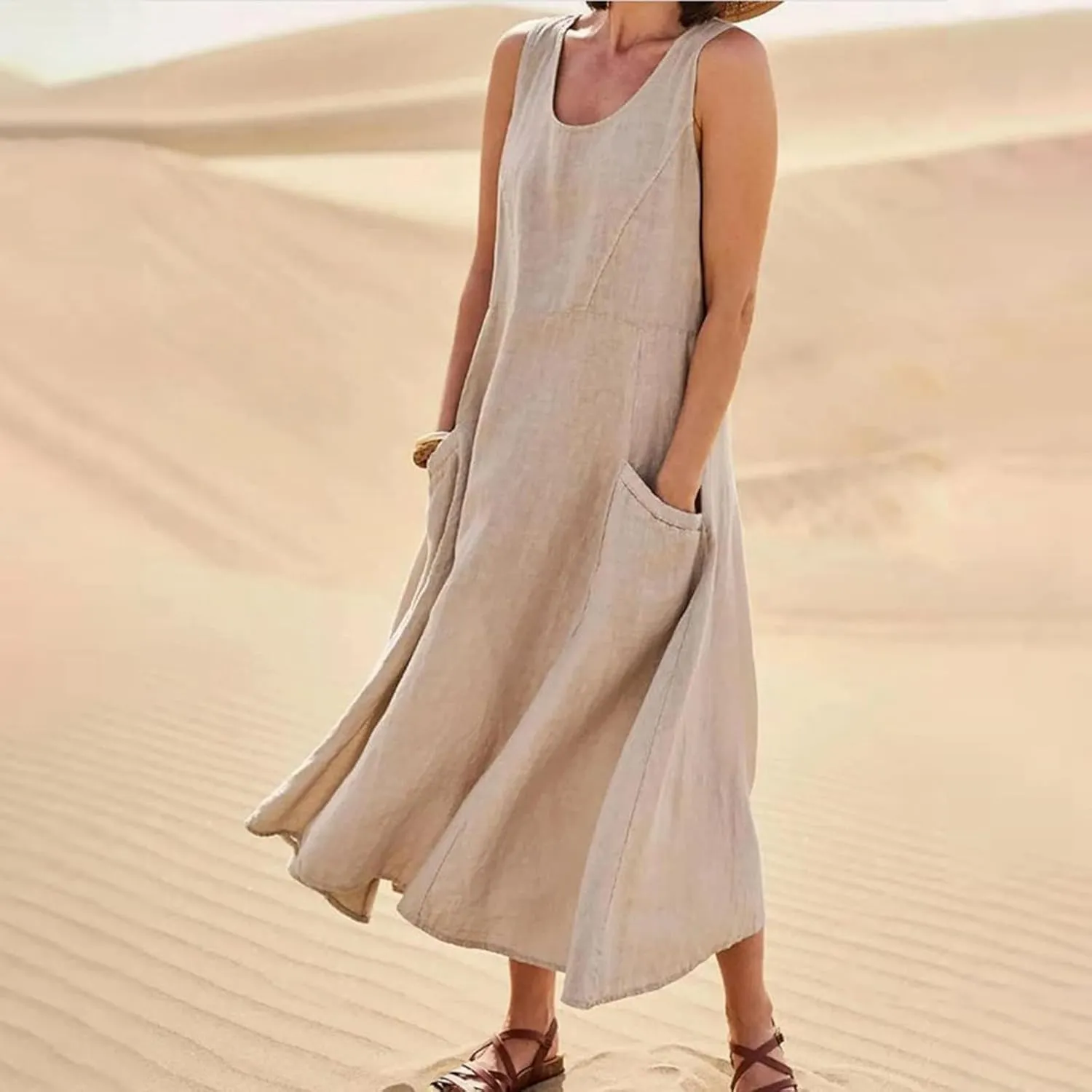 Linen Dresses for Women 2025 Plus Size Maxi Dresses for Curvy Women Summer Sleeveless Crewneck Solid Pocket Sundress