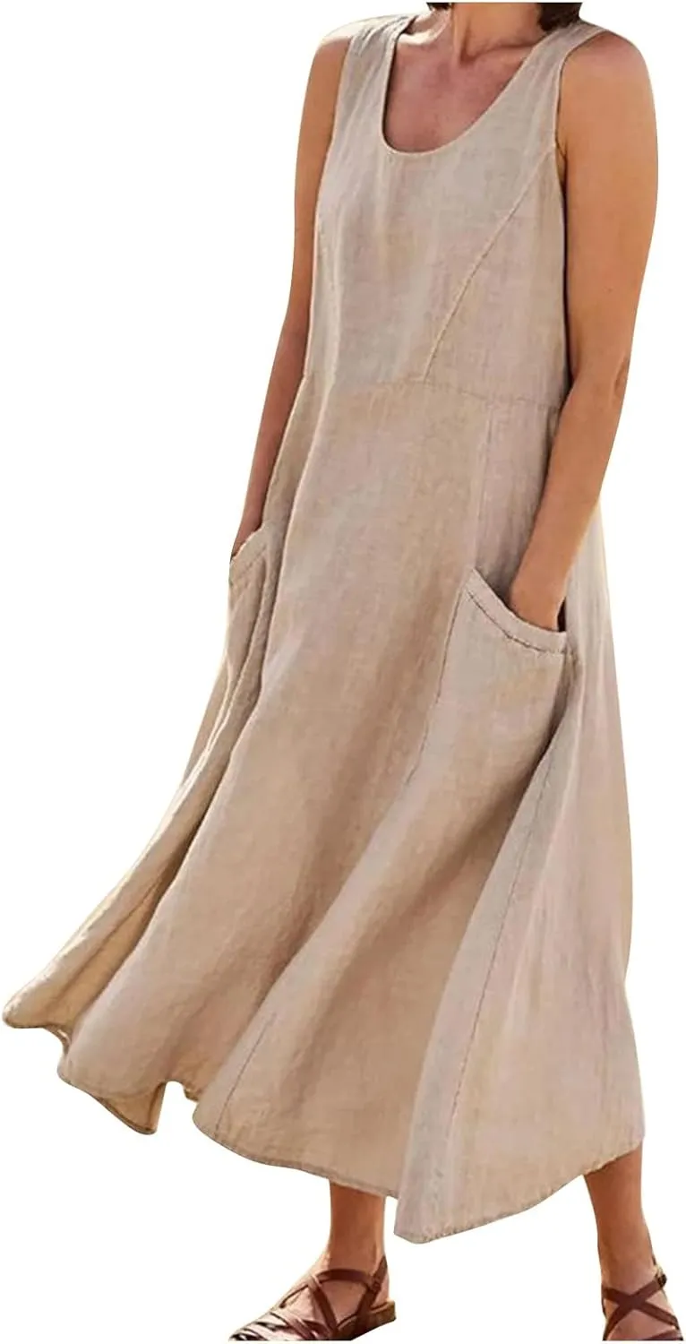 Linen Dresses for Women 2025 Plus Size Maxi Dresses for Curvy Women Summer Sleeveless Crewneck Solid Pocket Sundress