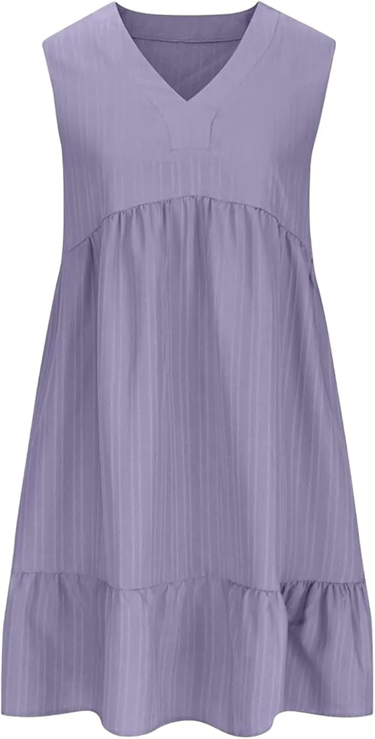 Linen Maxi Dresses for Women 2025 Sleeveless V Neck Mini Dress Fashion Casual Flowy Boho Ruffle A Line Swing Sundresses