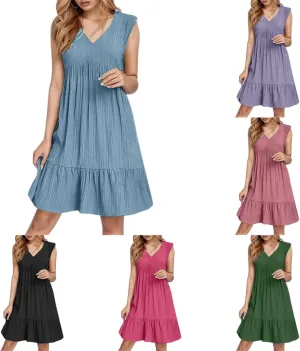 Linen Maxi Dresses for Women 2025 Sleeveless V Neck Mini Dress Fashion Casual Flowy Boho Ruffle A Line Swing Sundresses