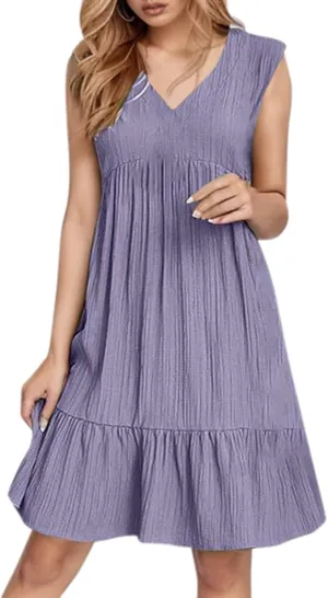 Linen Maxi Dresses for Women 2025 Sleeveless V Neck Mini Dress Fashion Casual Flowy Boho Ruffle A Line Swing Sundresses