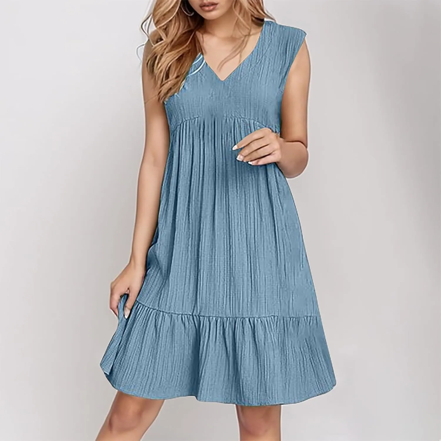 Linen Maxi Dresses for Women 2025 Sleeveless V Neck Mini Dress Fashion Casual Flowy Boho Ruffle A Line Swing Sundresses