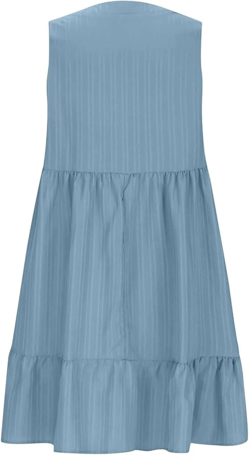 Linen Maxi Dresses for Women 2025 Sleeveless V Neck Mini Dress Fashion Casual Flowy Boho Ruffle A Line Swing Sundresses