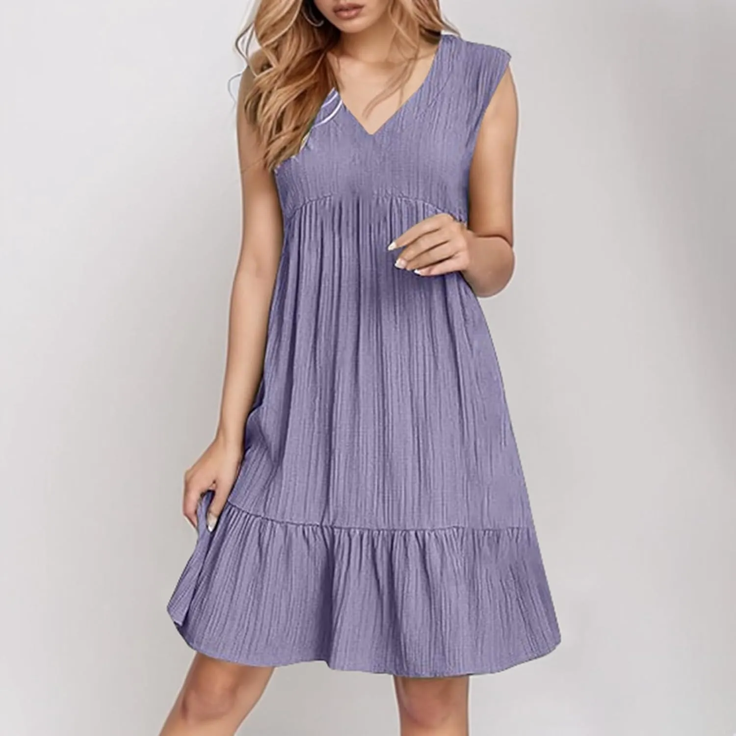 Linen Maxi Dresses for Women 2025 Sleeveless V Neck Mini Dress Fashion Casual Flowy Boho Ruffle A Line Swing Sundresses