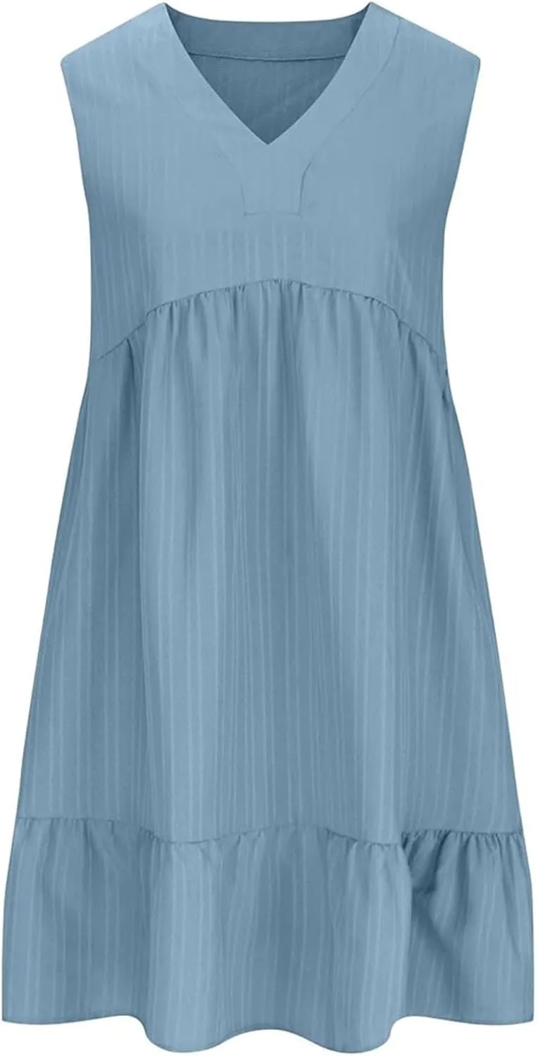 Linen Maxi Dresses for Women 2025 Sleeveless V Neck Mini Dress Fashion Casual Flowy Boho Ruffle A Line Swing Sundresses