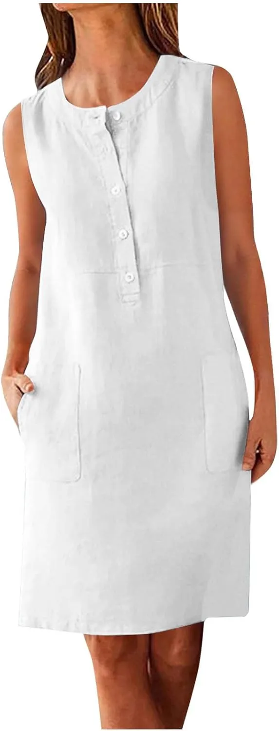 Linen Mini Dresses for Women Casual Summer Beach Sleeveless Sundresses Button Down Flowy Tank Dresses Vacation 2025