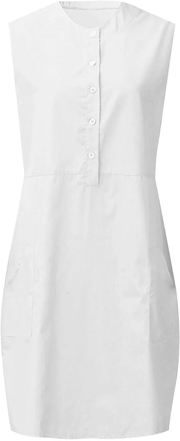 Linen Mini Dresses for Women Casual Summer Beach Sleeveless Sundresses Button Down Flowy Tank Dresses Vacation 2025