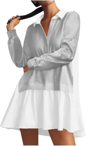Long Sleeve Dresses for Women 2024 Sexy V Neck Solid Ruffle Mini Dress Causal Pleated Pullover Mini Dress Fall Outfit