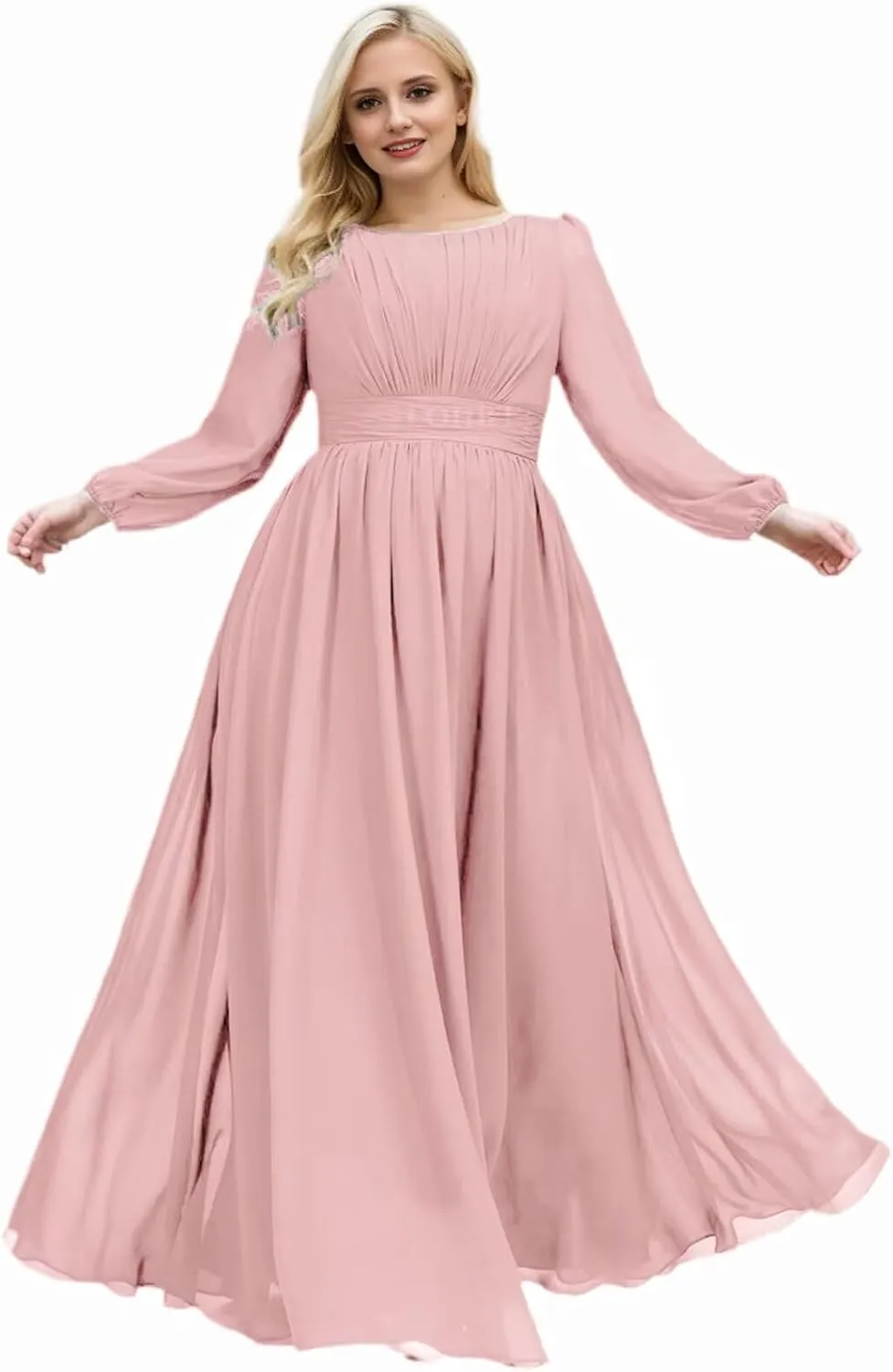 Long Sleeves Bridesmaid Dresses for Wedding Prom Dress Pleated Corset Chiffon Formal Evening Gowns with Bow Tie