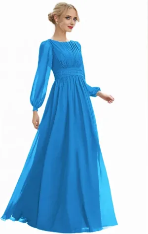 Long Sleeves Bridesmaid Dresses for Wedding Prom Dress Pleated Corset Chiffon Formal Evening Gowns with Bow Tie