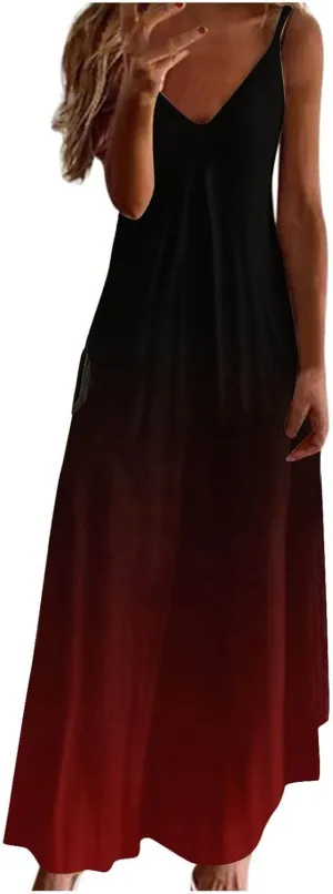 Long Summer Dresses for Women 2024 Spaghetti Strap V Neck Midi Sundresses Sleeveless Empire Waist Boho Maxi Dresses
