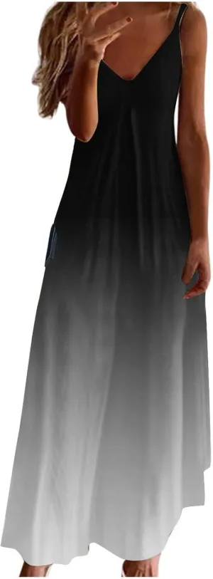 Long Summer Dresses for Women 2024 Spaghetti Strap V Neck Midi Sundresses Sleeveless Empire Waist Boho Maxi Dresses