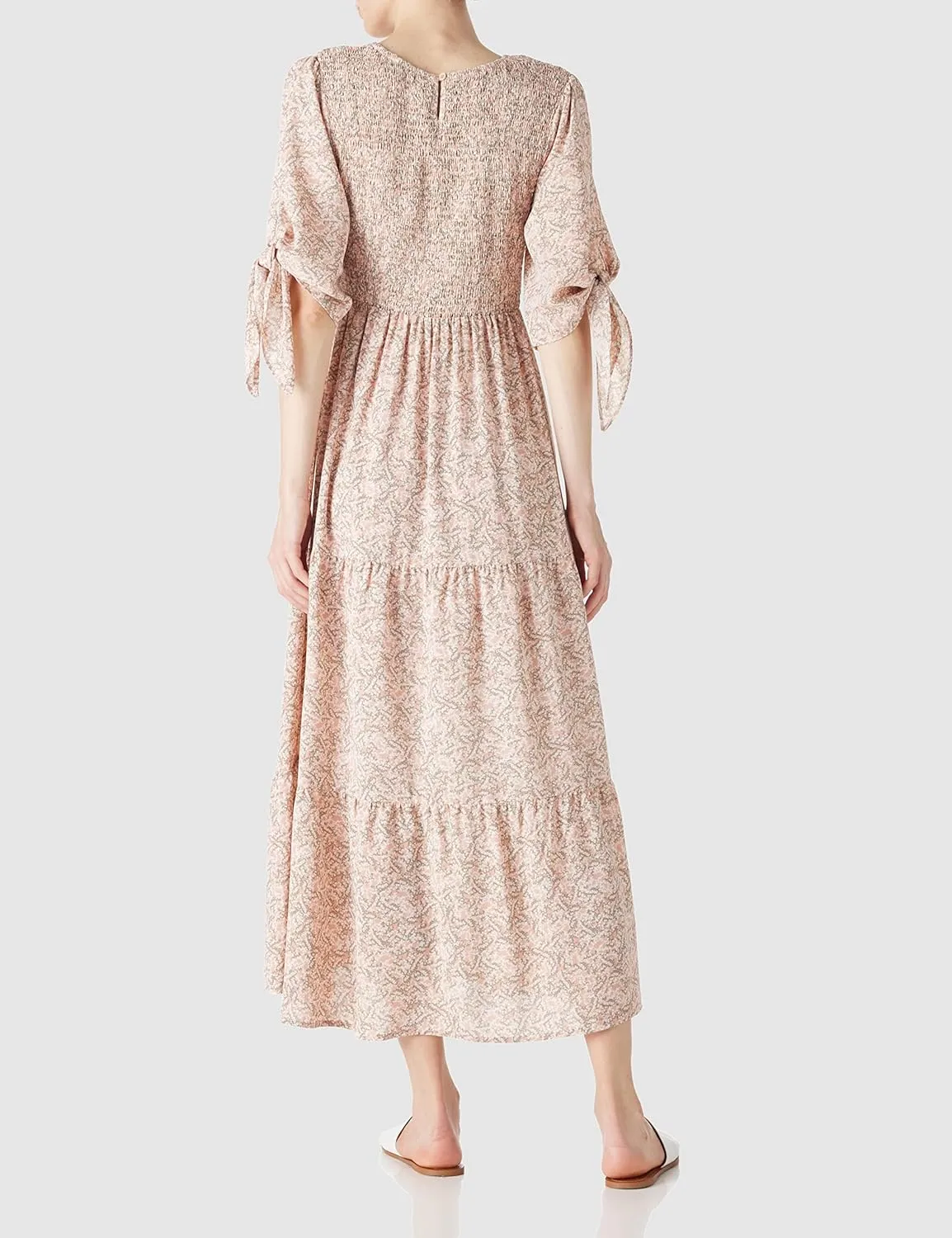 LUSMAY Women's Casual Tie 3/4 Sleeve Floral Maxi Dresses Summer Party Smocked Long Dress