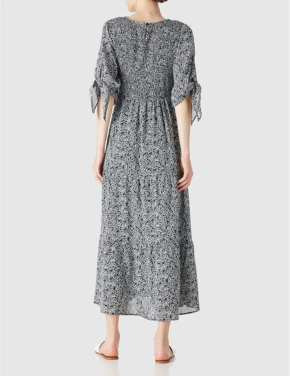 LUSMAY Women's Casual Tie 3/4 Sleeve Floral Maxi Dresses Summer Party Smocked Long Dress