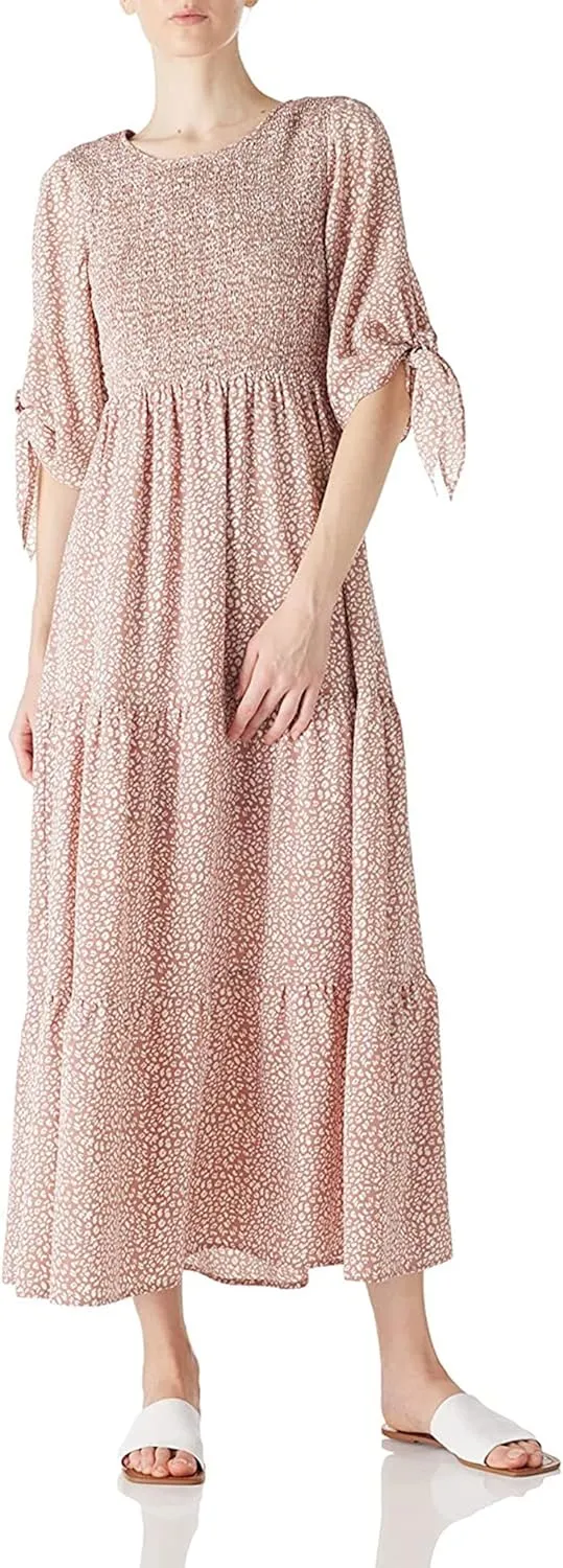 LUSMAY Women's Casual Tie 3/4 Sleeve Floral Maxi Dresses Summer Party Smocked Long Dress