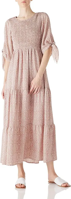 LUSMAY Women's Casual Tie 3/4 Sleeve Floral Maxi Dresses Summer Party Smocked Long Dress