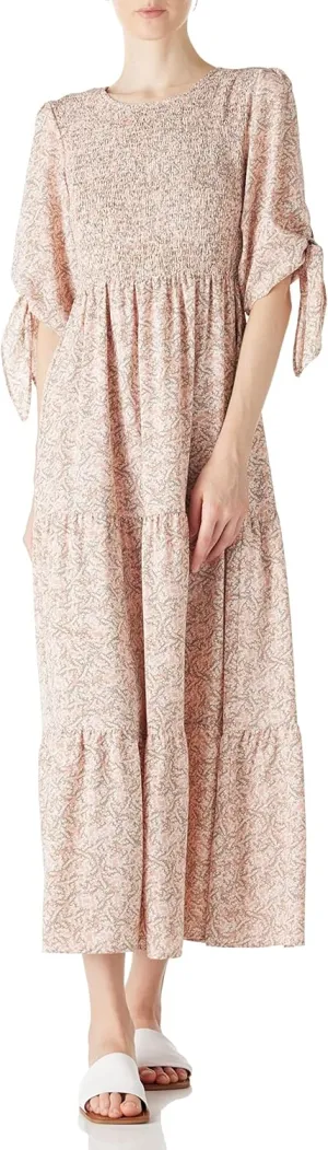 LUSMAY Women's Casual Tie 3/4 Sleeve Floral Maxi Dresses Summer Party Smocked Long Dress