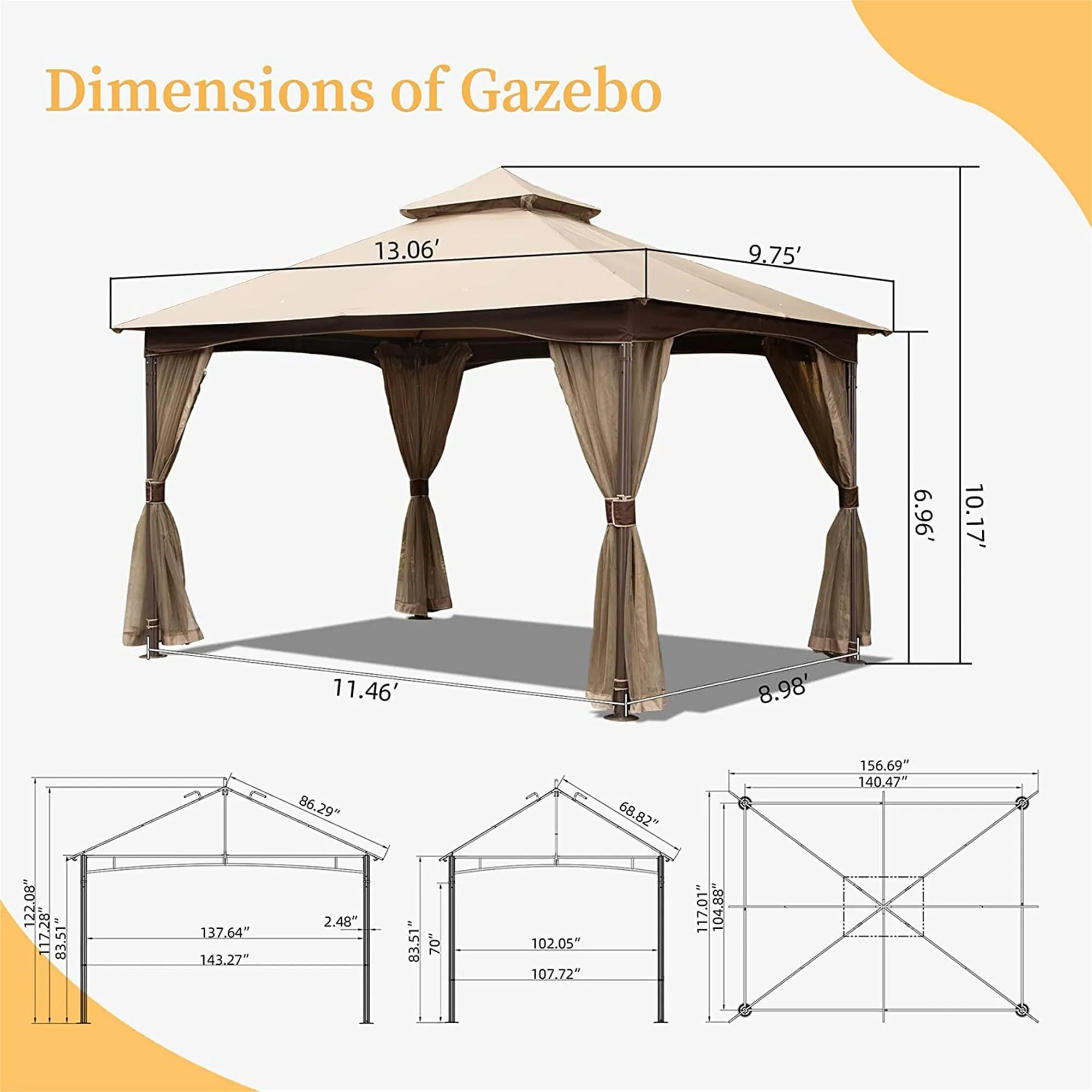 Mavis 10 x 13 ft Outdoor Gazebo with Mosquito Netting - Khaki