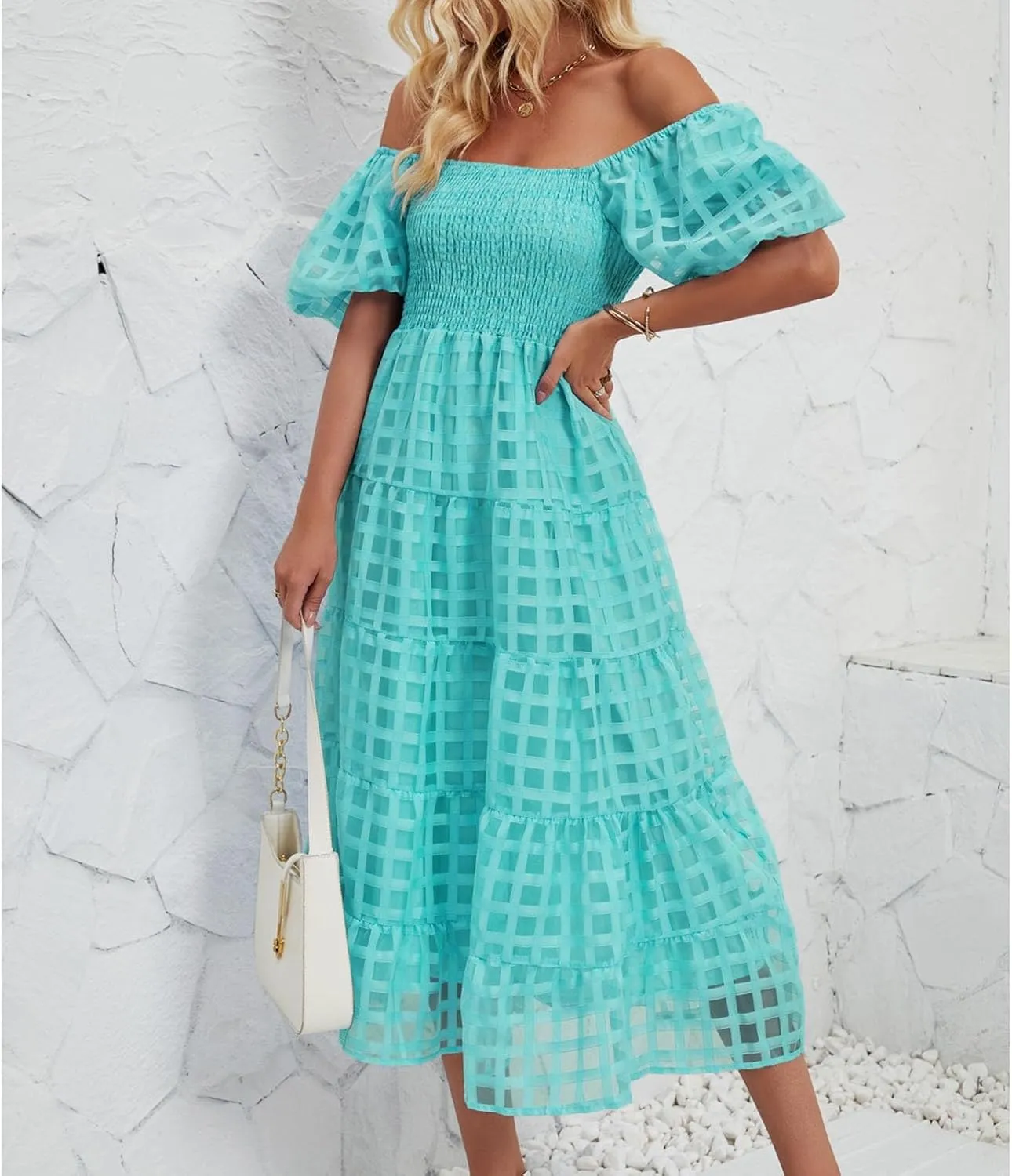 Maxi Dress for Women 2025 Spring Summer Solid Puff Sleeve Dresses Sexy Elegant A-Line Beach Sundresses