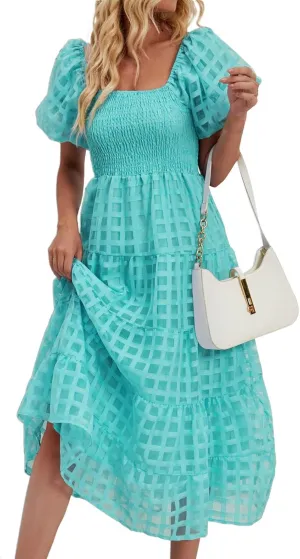 Maxi Dress for Women 2025 Spring Summer Solid Puff Sleeve Dresses Sexy Elegant A-Line Beach Sundresses