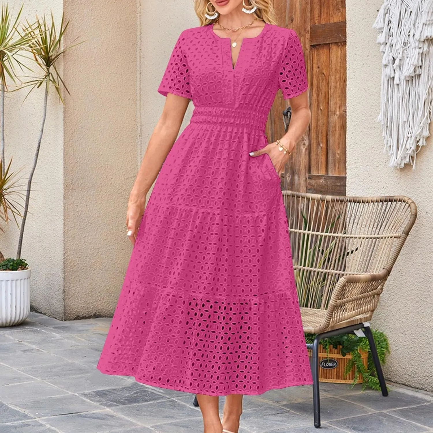 Maxi Dresses for Women 2025 Eyelet Summer Dress V Neck Short Sleeve Hollow Out A Line Flowy Beach Vacation Clothes