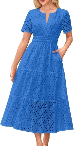 Maxi Dresses for Women 2025 Eyelet Summer Dress V Neck Short Sleeve Hollow Out A Line Flowy Beach Vacation Clothes