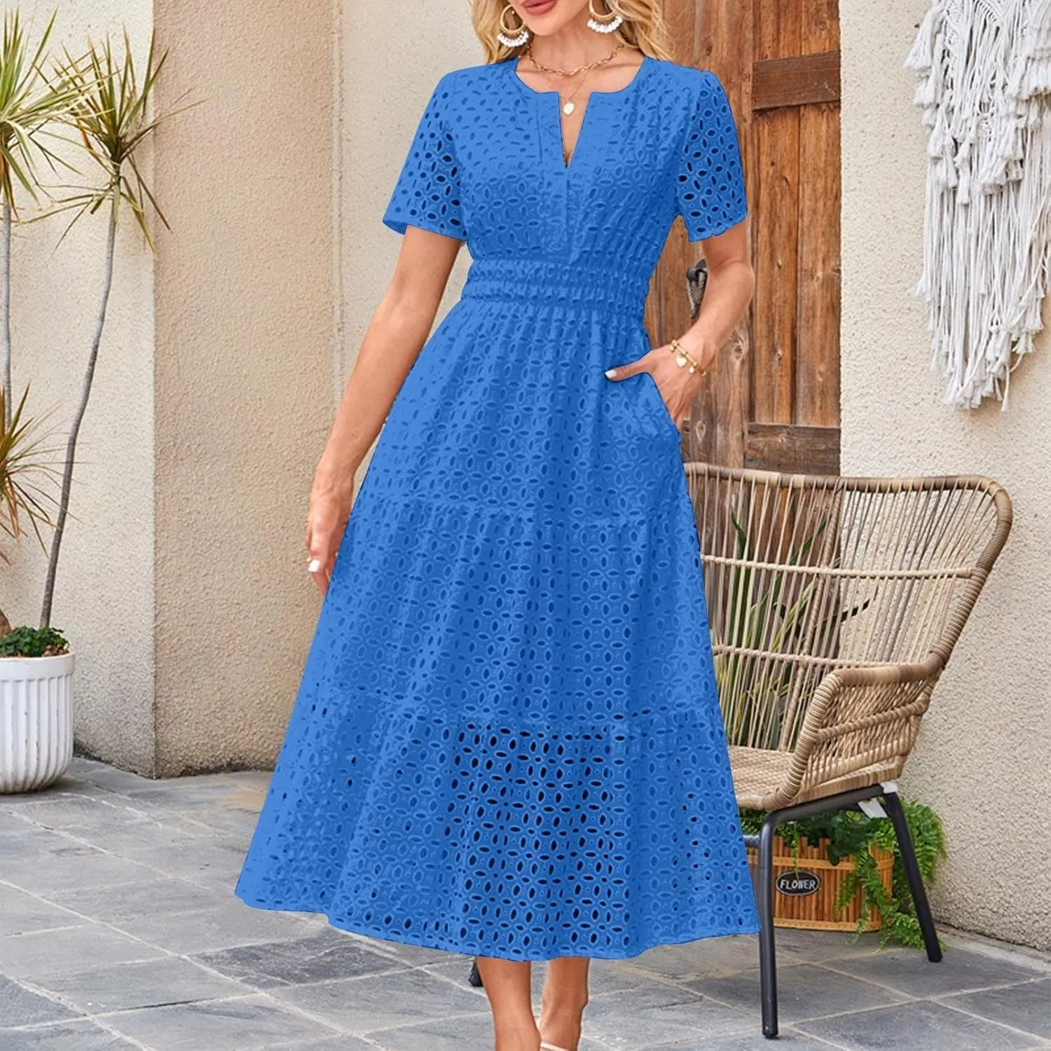 Maxi Dresses for Women 2025 Eyelet Summer Dress V Neck Short Sleeve Hollow Out A Line Flowy Beach Vacation Clothes