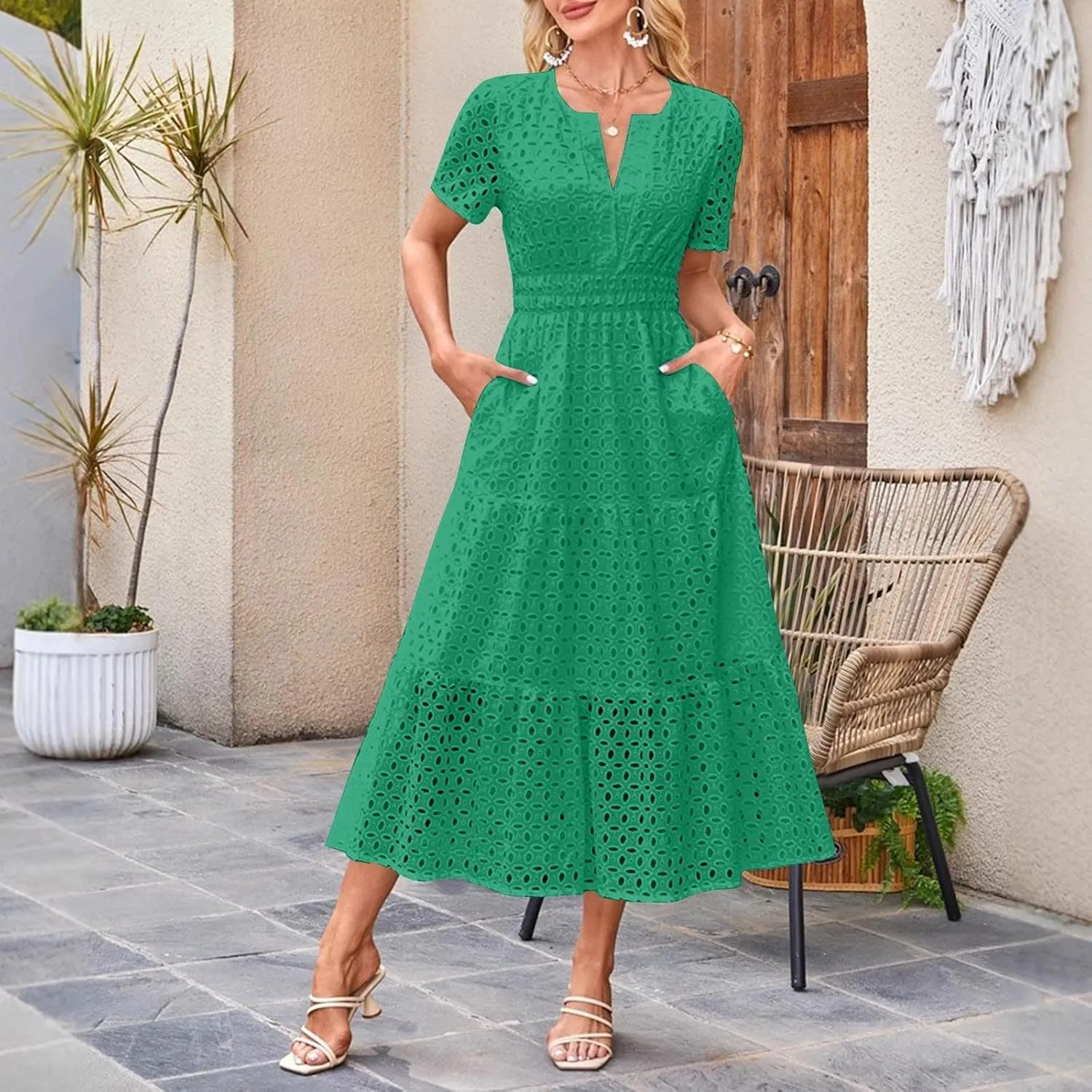 Maxi Dresses for Women 2025 Eyelet Summer Dress V Neck Short Sleeve Hollow Out A Line Flowy Beach Vacation Clothes