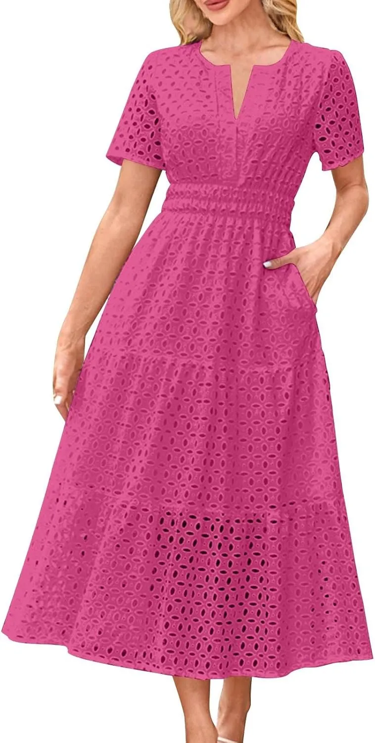 Maxi Dresses for Women 2025 Eyelet Summer Dress V Neck Short Sleeve Hollow Out A Line Flowy Beach Vacation Clothes