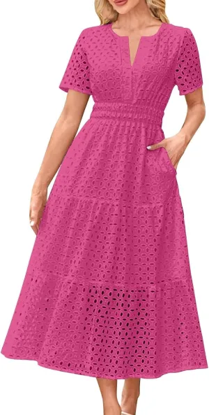 Maxi Dresses for Women 2025 Eyelet Summer Dress V Neck Short Sleeve Hollow Out A Line Flowy Beach Vacation Clothes