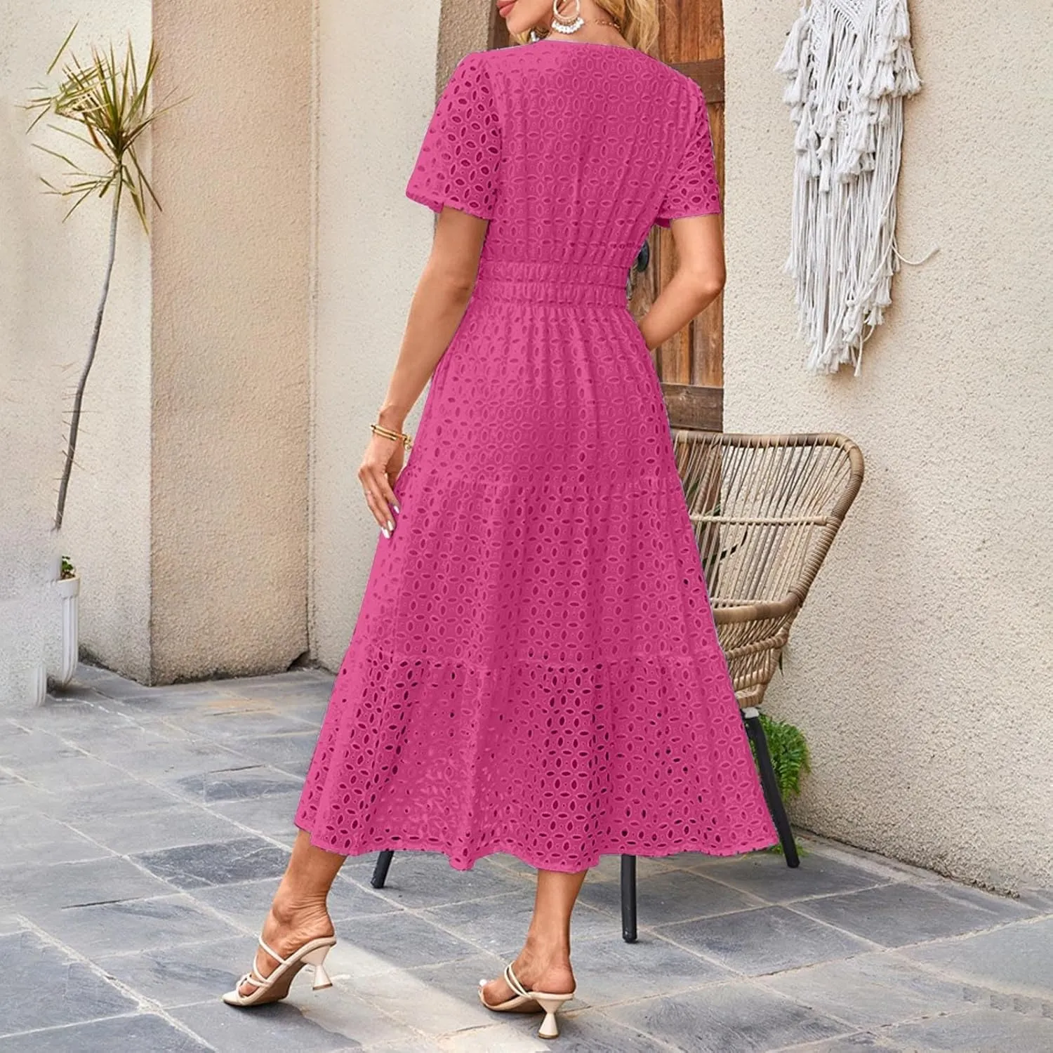 Maxi Dresses for Women 2025 Eyelet Summer Dress V Neck Short Sleeve Hollow Out A Line Flowy Beach Vacation Clothes