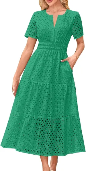 Maxi Dresses for Women 2025 Eyelet Summer Dress V Neck Short Sleeve Hollow Out A Line Flowy Beach Vacation Clothes