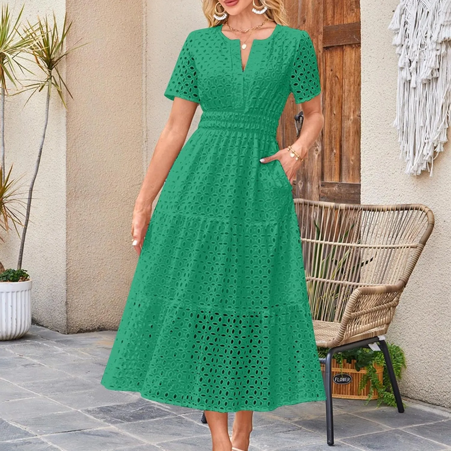 Maxi Dresses for Women 2025 Eyelet Summer Dress V Neck Short Sleeve Hollow Out A Line Flowy Beach Vacation Clothes