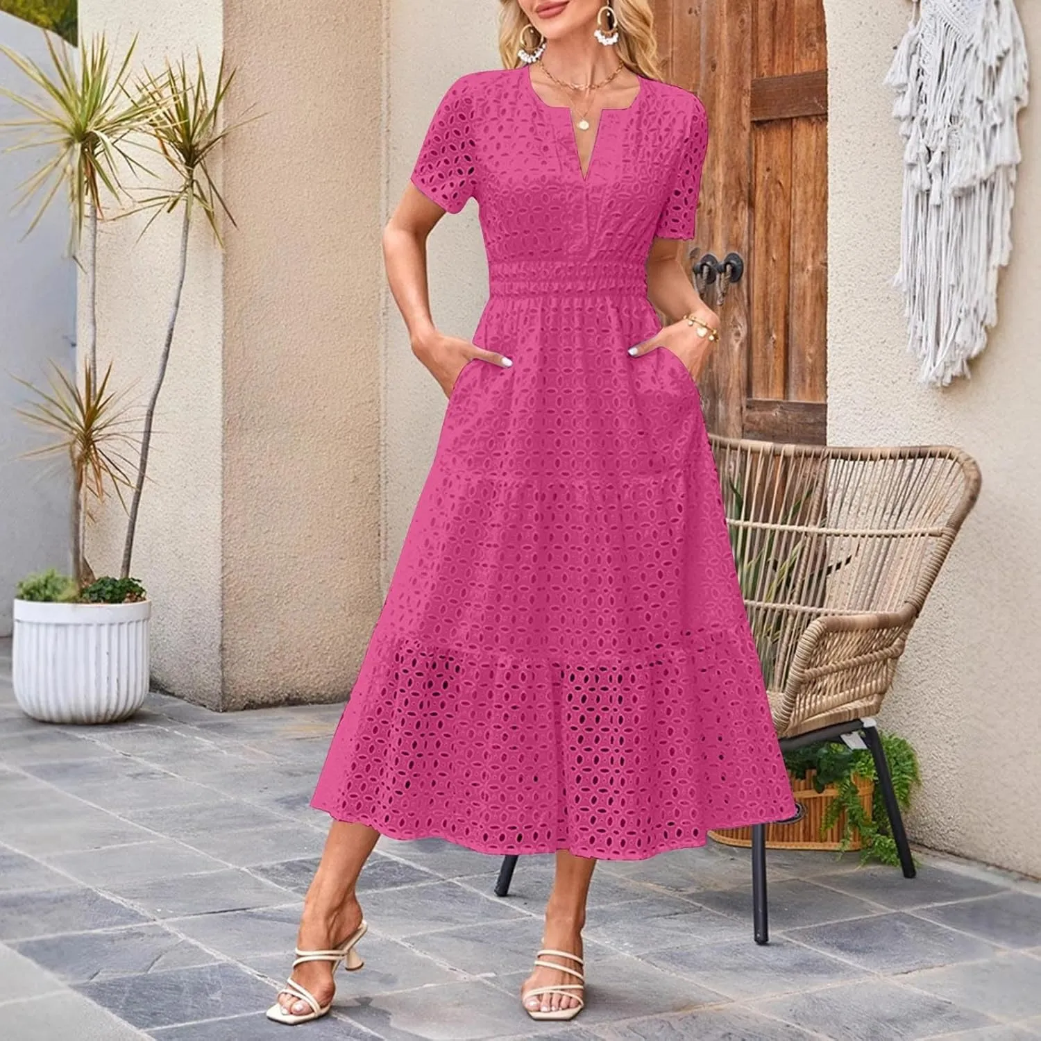 Maxi Dresses for Women 2025 Eyelet Summer Dress V Neck Short Sleeve Hollow Out A Line Flowy Beach Vacation Clothes