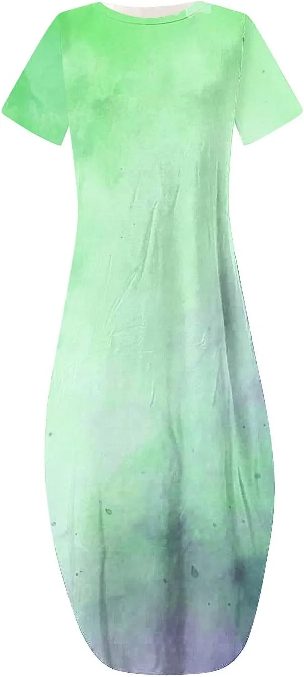 Maxi Dresses for Women 2025 Short Sleeve Casual Boho Floral T-Shirt Dress Flowy Beach Sundress with Pockets