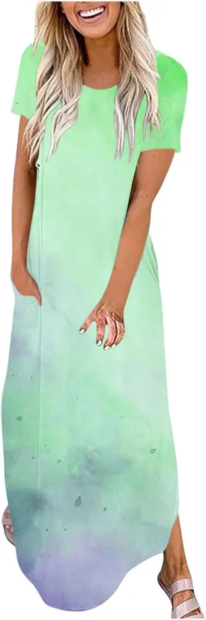 Maxi Dresses for Women 2025 Short Sleeve Casual Boho Floral T-Shirt Dress Flowy Beach Sundress with Pockets