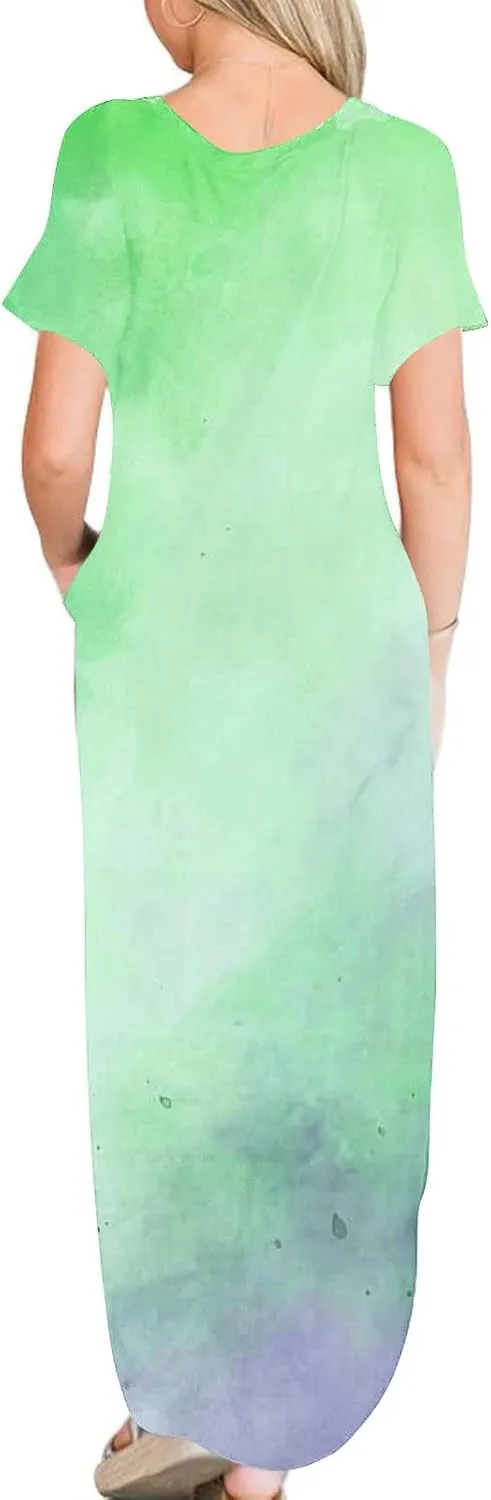 Maxi Dresses for Women 2025 Short Sleeve Casual Boho Floral T-Shirt Dress Flowy Beach Sundress with Pockets
