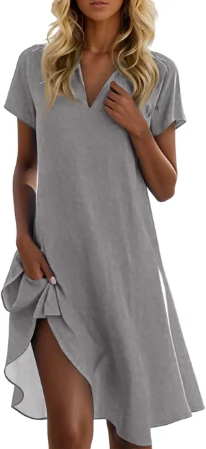 Maxi Dresses for Women 2025 Summer Casual Trendy Short Sleeve V-Neck Solid Color Flowy Dress, S-2XL