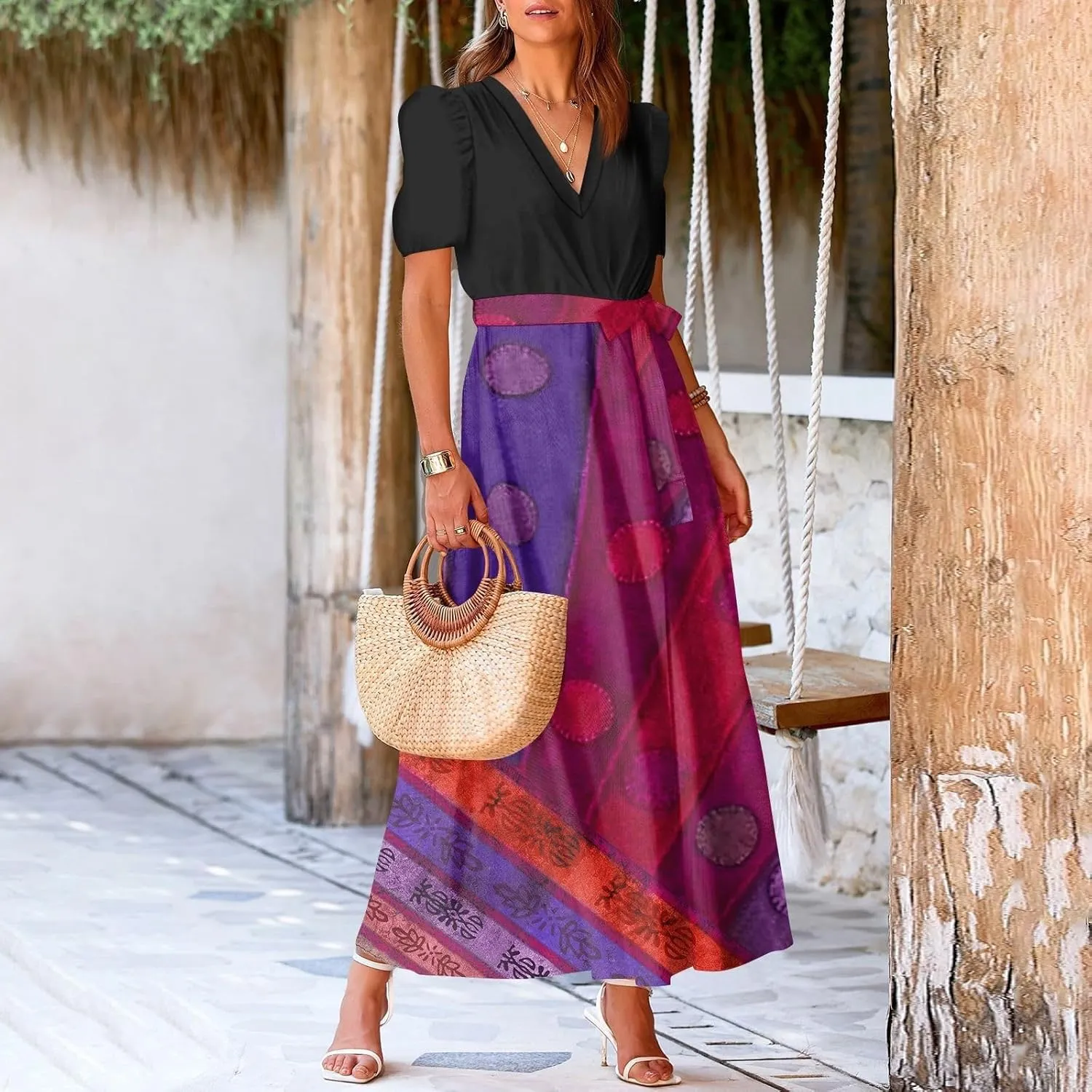 Maxi Dresses for Women 2025 Summer V Neck Short Sleeve T Shirt Dress Casual Flowy High Split A Line Beach Sundress