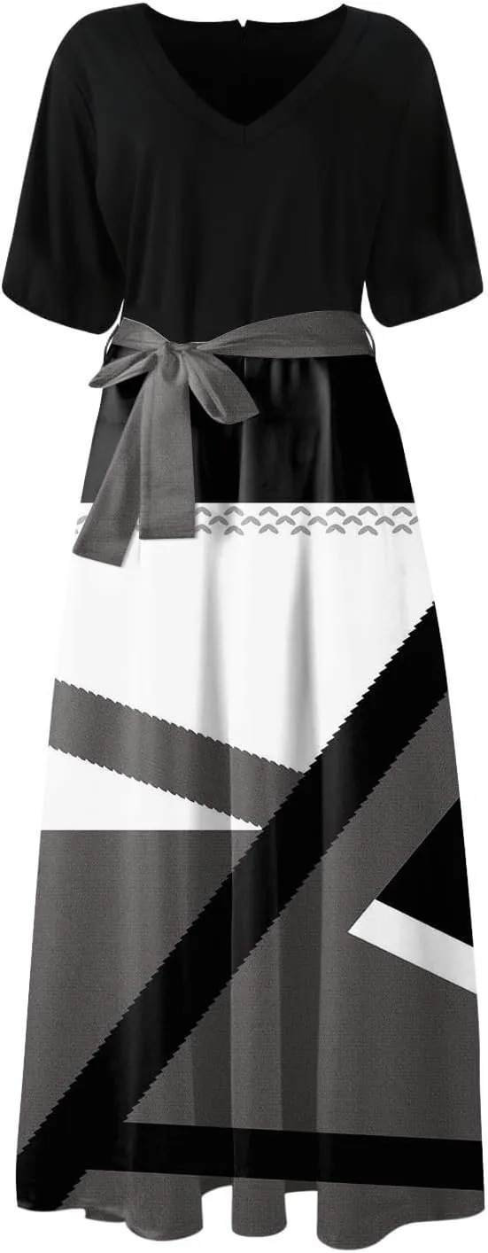 Maxi Dresses for Women 2025 Summer V Neck Short Sleeve T Shirt Dress Casual Flowy High Split A Line Beach Sundress