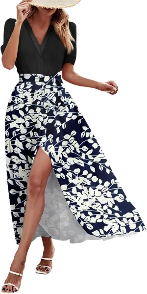 Maxi Dresses for Women 2025 Summer V Neck Short Sleeve T Shirt Dress Casual Flowy High Split A Line Beach Sundress