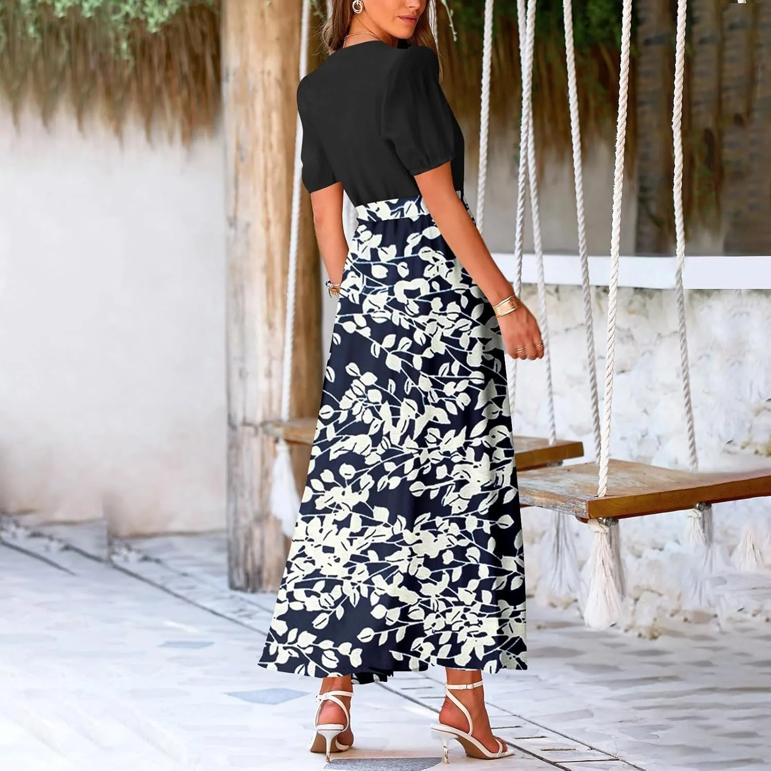 Maxi Dresses for Women 2025 Summer V Neck Short Sleeve T Shirt Dress Casual Flowy High Split A Line Beach Sundress