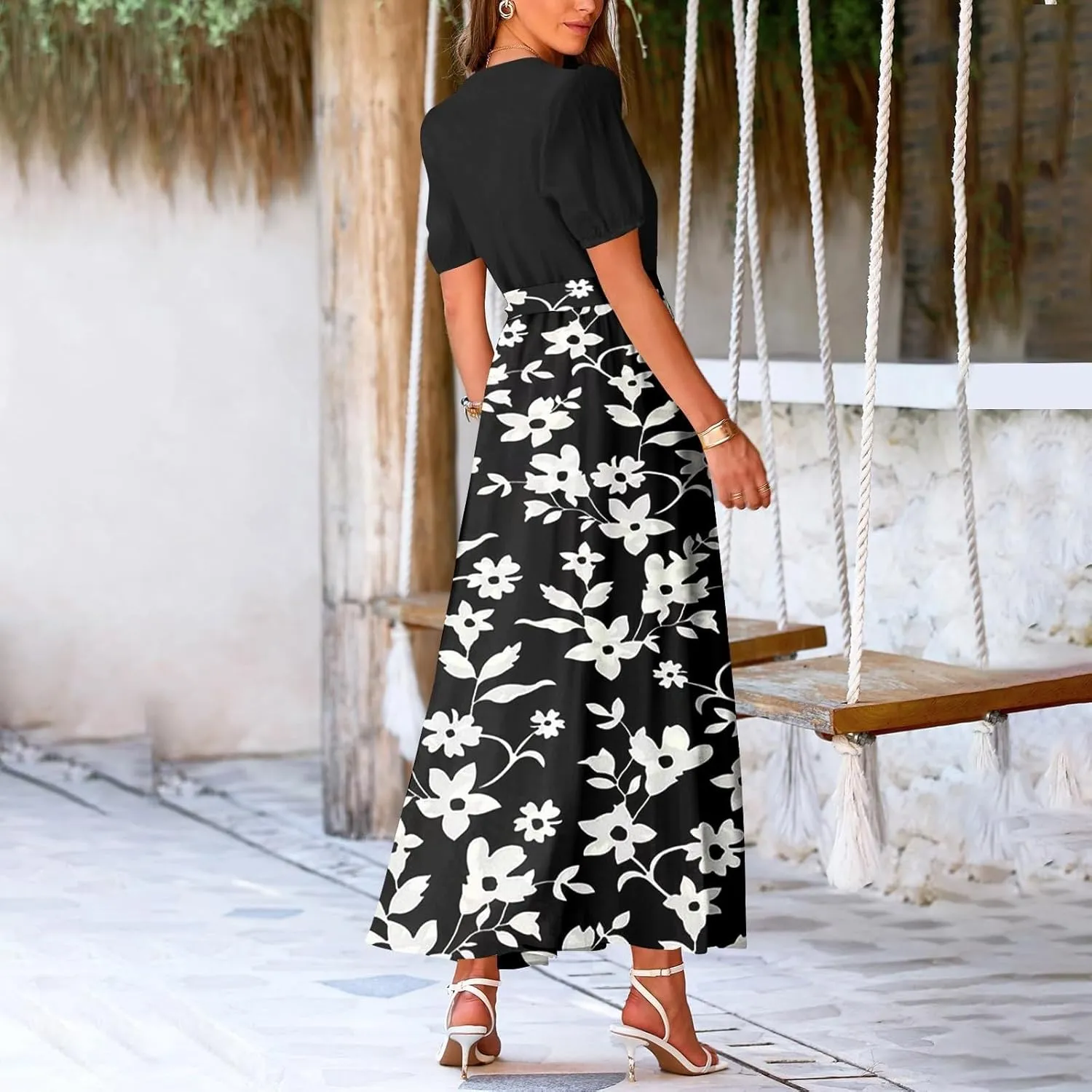 Maxi Dresses for Women 2025 Summer V Neck Short Sleeve T Shirt Dress Casual Flowy High Split A Line Beach Sundress